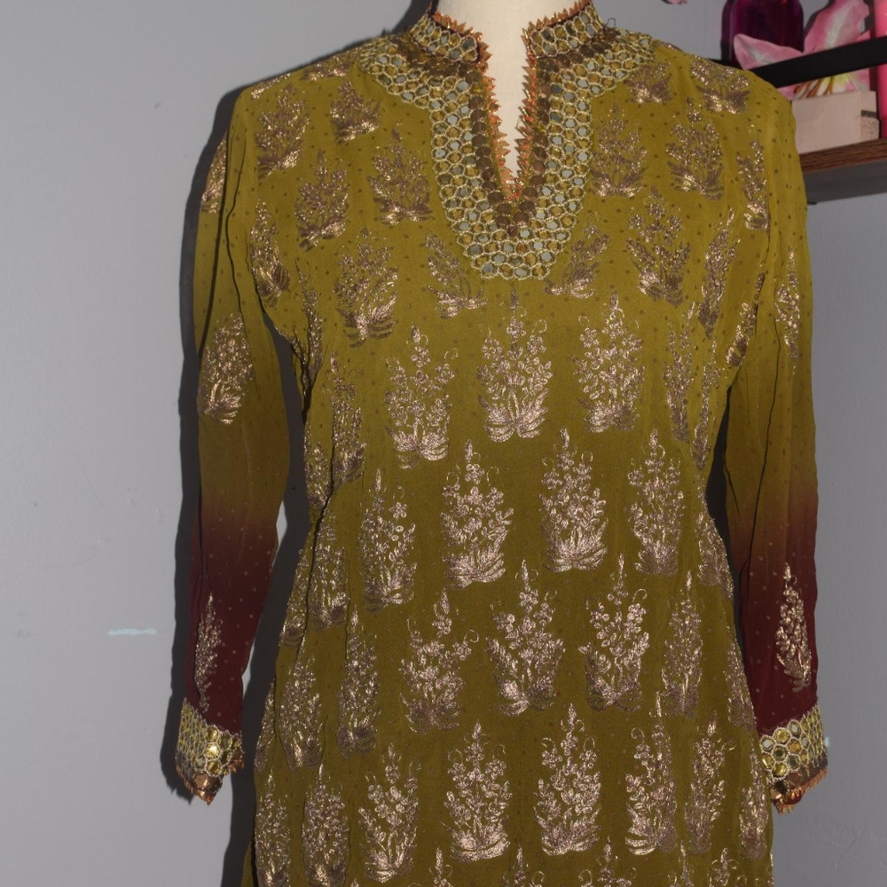 Kameez Olive - Maroon ombré tunic embroidered